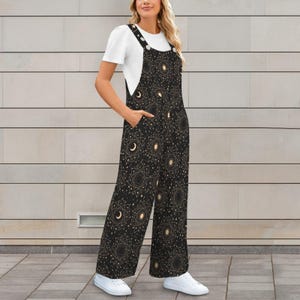 Celestial Moon Sun Wide Leg Jumpsuit, Boho Astrology Print Dungarees, Festival Travel Outfit image 10