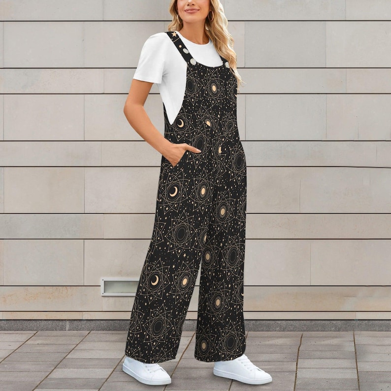 Celestial Moon Sun Wide Leg Jumpsuit, Boho Astrology Print Dungarees, Festival Travel Outfit image 10
