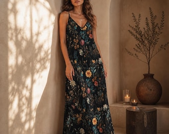 Dark Cottagecore Maxi Dress, Dark Floral Pattern Dress, Forest Ferns Dress, Witchy Maxi Dress, Fairy Grunge Dress, Whimsigoth Dress