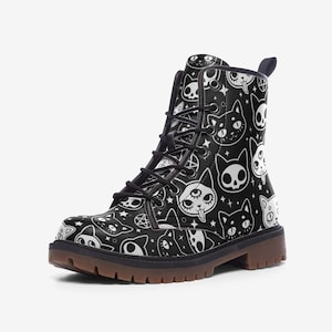 Gothic Cat Vegan Combat Boots, Faux Leather Combat Boots, Goth Kid Lace Up Boots, Witchcore Boots, Gothic Cosplay Boots, Gothcore Clubwear