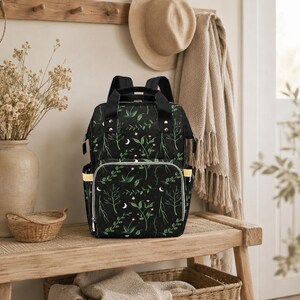 Crescent Moon Diaper Bag: Forest Green Botanical Print, Insulated Bottle Pockets (Nylon) image 4