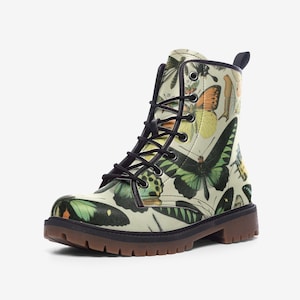 Goblincore Boots, Woodland Mushrooms Combat Boot, Vegan Combat Boots, Witchcore Festival Club Boot, Faecore Mushroom Butterly Print Boots,