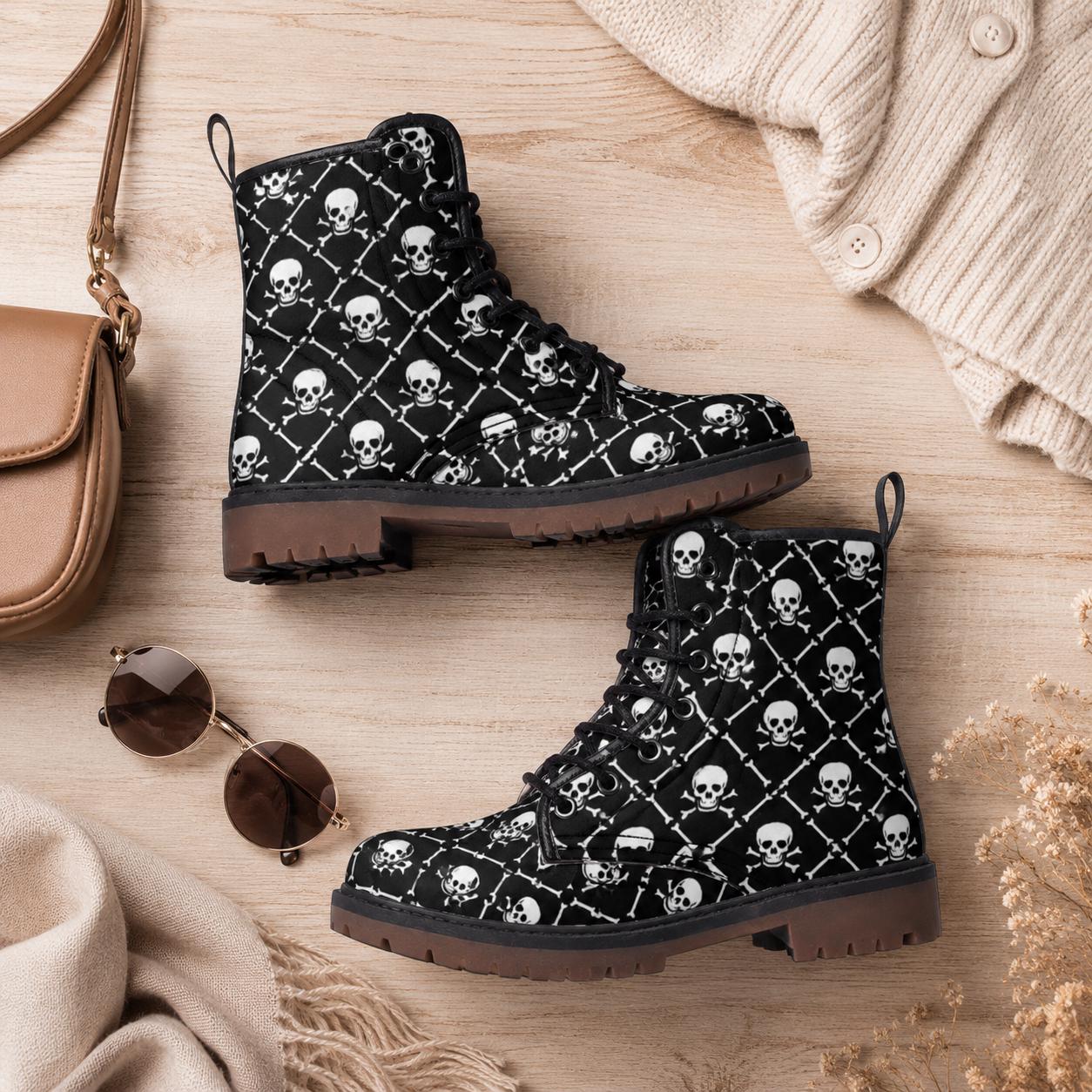 Skull Combat Boots, Punk Grunge Lace up Shoes, Black Goth  display picture 1
