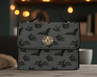 Bat Gothic Purse, Canvas Satchel bag, Vegan Hand Bag Goth Bag, Halloween Costume Adult Cosplay, Cute Black Witch women cross body purse