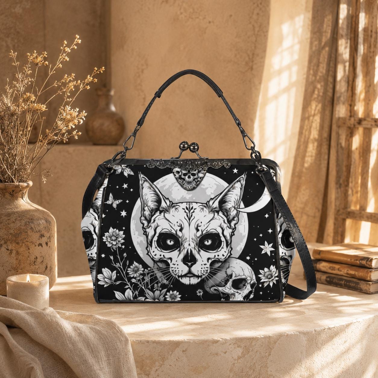 Kiss Lock Cat Purse With Moon Skull Art, Black Floral Frame Bag - Etsy