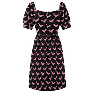 Pink Bat Print Midi Dress, Puff Sleeve Sweetheart Neckline, Pastel Halloween Party Outfit image 12