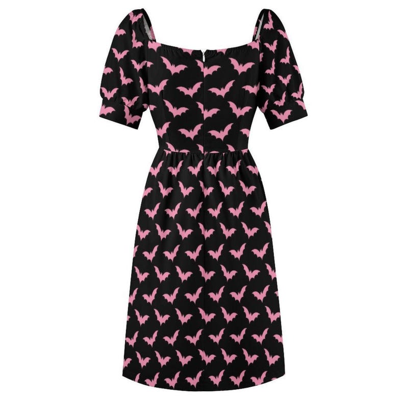 Pink Bat Print Midi Dress, Puff Sleeve Sweetheart Neckline, Pastel Halloween Party Outfit image 12