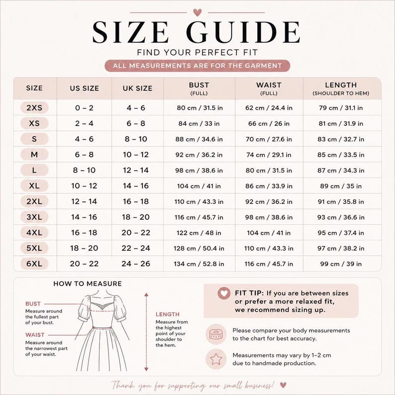 the size guide for a women's dress