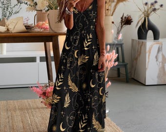 Celestial Tarot Maxi Dress Dark Cottagecore Maxi Dress, Witchy Maxi Dress, Fairy Grunge Dress, Whimsigoth Maxi Dress, Occult Pattern Dress