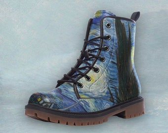 Starry Night Van Gogh Leather Unisex Boots, Vegan Leather, Combat Boots, Classic Boot, Lace Up Boots, Girl Boots, Ankle Girl Boots