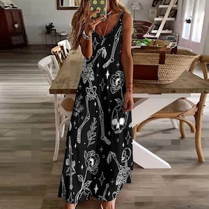 Skeleton Print Maxi Dress, Goth Floral Summer Dress, Occult Black Slip Dress, Witchy Alternative Outfit, Skull Sword Dark Aesthetic