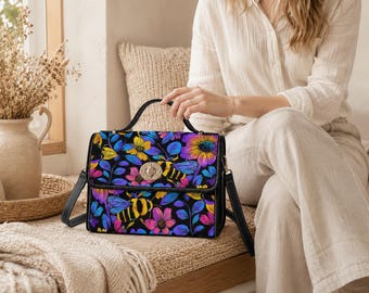 Bumble Bee Handbag, Neon Floral Satchel, Wildflower Top Handle Bag