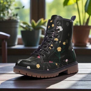 Wildflower Combat Boots, Dark Cottagecore Shoes, Black Botanical Boots, Fairycore Festival Footwear, Moody Garden Gear,Vintage Floral Combat