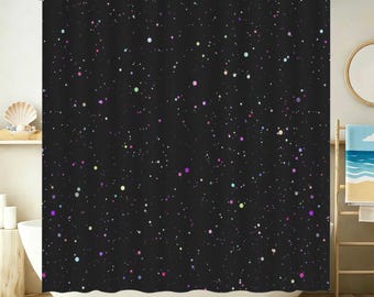 Duschdraperi med galaxmotiv, färgglada spräckliga stjärnor, svart badrumsdekor