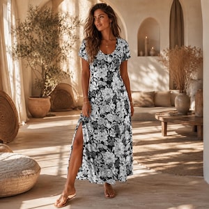 black and white patterned dress Off White and Black Floral Print Maxi Dress
