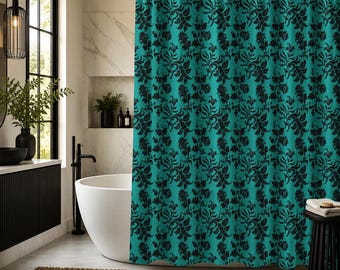 Teal Black Damask Shower Curtain, Victorian Jewel Tone Bathroom Decor