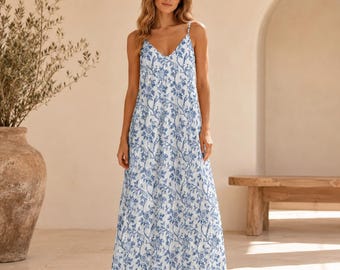 Blue White Toile Maxi Dress, Chinoiserie Floral V Neck Sundress, Coastal Summer Vacation