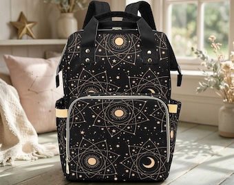 Celestial Diaper Bag Backpack, Sun Moon Witchy Mom Travel Bag, Gold Star Nursery Organizer