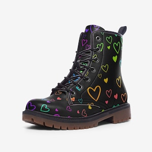 Pastel Goth Heart Combat Boots, Faux Leather Combat Boots, Goth Kid Lace Up Boots, Witchcore Boots, Gothic Cosplay Boots, Gothcore Clubwear