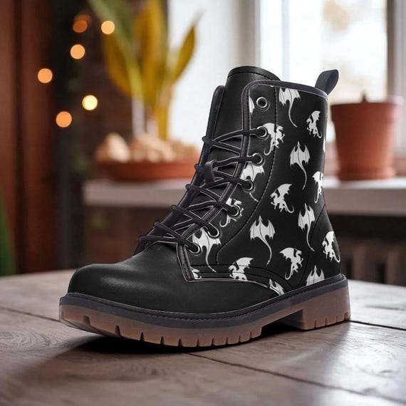 White Dragon Combat Boots, Fantasy Lace-up Shoes, Vegan 
