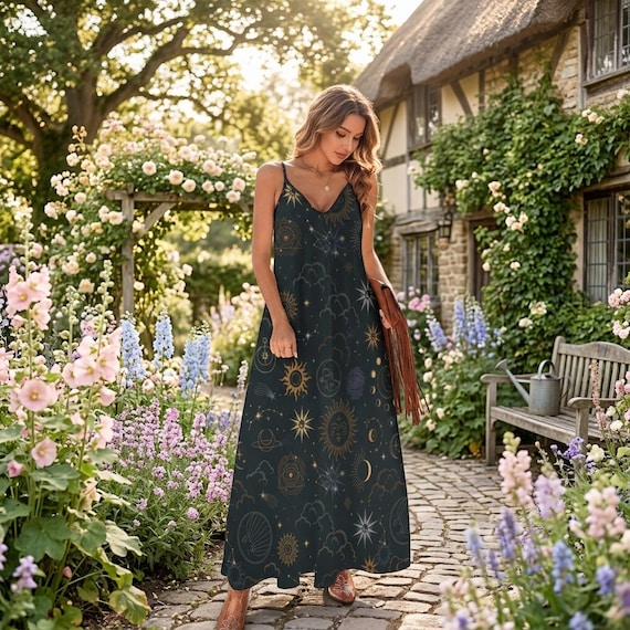 Celestial Sun Moon Dress, Black Astrology Maxi Dress, Starry Sky Spiritual Outfit, Witchcore Planet Print Dress, Osmic Universe Boho Fashion