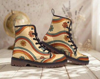 Botas de combate retro Daisy, piel vegana, cordones arcoíris, botas de plataforma con flores de los años 70