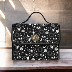 Celestial bat shoulder bag, goth moon print canvas purse, occult skull crossbody satchel, witchy pentacle aesthetic, spooky witch gift idea