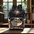 Skull Diaper Bag Backpack, Funny Goth Baby Bag with Cereal Killer Print, Halloween Nursery Backpack for New Parents