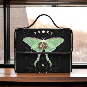 Sac cartable en toile noire lune céleste papillon de nuit, sac à main à bandoulière nature femmes mignonnes, sac à main mignon sangle noire, sac à main cadeau boho hippies