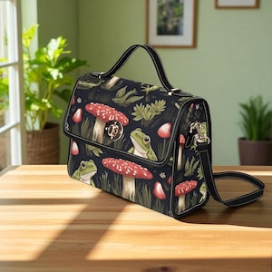 Frosch Pilz Tasche, Cottagecore Wald Geldbörse, Fairycore Frosch Druck Umhängetasche, wunderliche Fliegenpilz Handtasche,Goblincore Wald Natur Liebhaber Geschenk