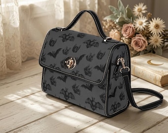 Black Bat Satchel Purse, Gothic Style Handbag, Dark Print Everyday Shoulder Bag, Halloween Accessory