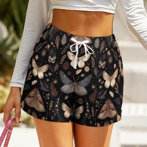 Celestial Moth Lounge Shorts, Dark Cottagecore Pajama Shorts, Witchy Sleepwear, Moon Star Print image 3