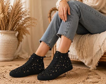 Celestial High Top Sneakers, Black Moon Star Zodiac Print Canvas Shoes