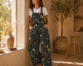 Wildflower Butterfly Jumpsuit, Botanical Wide Leg Cottagecore Overalls