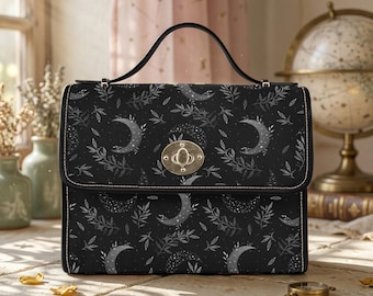 Moon Witch Canvas Bag, Witchy Celestial Purse, Cute Cottagecore Witch Canvas Satchel Bag, Black eco goth satchel, Cottage Core Purse
