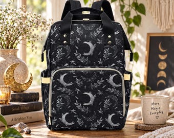 Goth Moon Diaper Backpack: Pastel Witchy Baby Bag, Spooky Nappy Gear