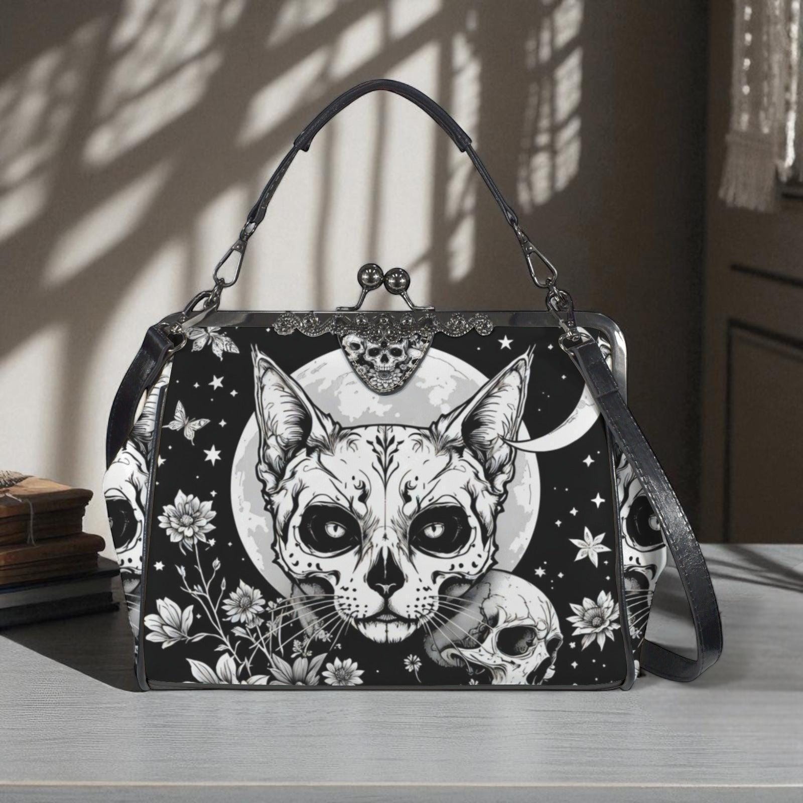 Kiss Lock Cat Purse With Moon Skull Art, Black Floral Frame Bag - Etsy