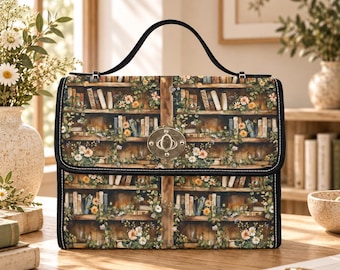 Puede incluir: Un bolso estructurado con un estampado de estanterías de madera llenas de libros y flores de margarita blancas. El bolso tiene un asa superior negra, ribetes negros en los bordes y un cierre giratorio metálico central en la solapa.