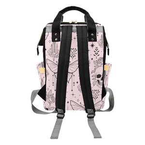 Goth Diaper Bag Backpack, Pink Moth Skull Print Baby Travel Bag, Witchy Mom Gift image 7