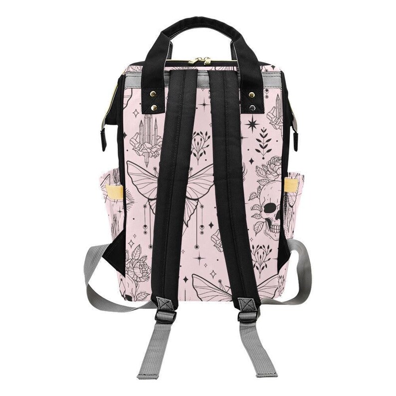 Goth Diaper Bag Backpack, Pink Moth Skull Print Baby Travel Bag, Witchy Mom Gift image 7