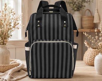 Black Striped Backpack, Gothic Diaper Bag, Dark Academia Organizer, Goth Travel Tote