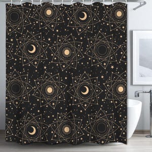 Gold Celestial Shower Curtain, Moon Sun Bath Decor, Witchy Bathroom Style,Astrology Lover Gift,Mystical Home Accent,Bohemian Celestial Decor