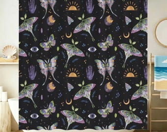 Mystical Moth Butterfly Shower Curtain, Celestial Moon Sun Crystal Bathroom Decor