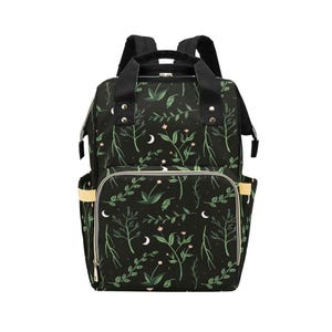 Crescent Moon Diaper Bag: Forest Green Botanical Print, Insulated Bottle Pockets (Nylon) image 12