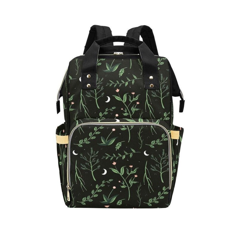 Crescent Moon Diaper Bag: Forest Green Botanical Print, Insulated Bottle Pockets (Nylon) image 12