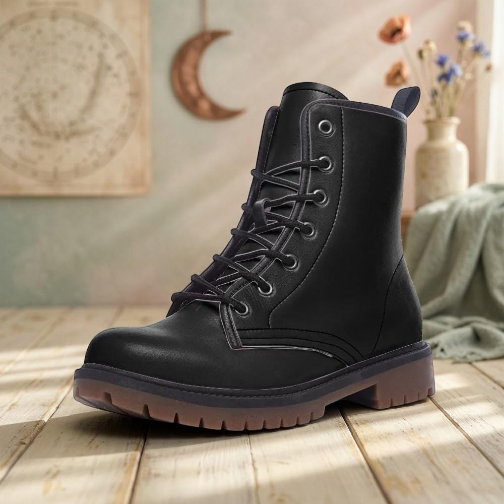 Black Vegan Leather Combat Boots, Lace-up Platform Ankle  display picture 3