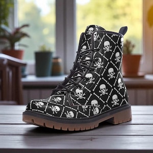 Gotische gevechtslaarzen met skelet, zwarte occulte festivalschoenen, veterlaarzen met punk schedel, donkere alternatieve rave-schoenen, horrorcore emo-laarzen