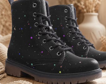 Botas de combate negras con salpicaduras de pintura, zapatos de tobillo con cordones para festivales de colores.