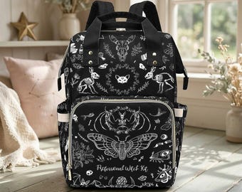 Goth Moth Diaper Bag Backpack, Celestial Witchy Baby Shower Gift. Insulated Travel Cooler for Boho Moms & New Parents. Perfect for Newborns!