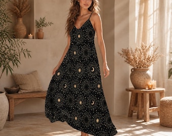 Celestial Stars Maxi Dress Dark Cottagecore Maxi Dress, Witchy Maxi Dress, Fairy Grunge Dress, Whimsigoth Maxi Dress, Occult Pattern Dress